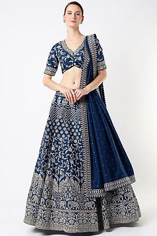 Dark Navy Blue Zardosi Embroidered Lehenga Set by Mrunalini Rao