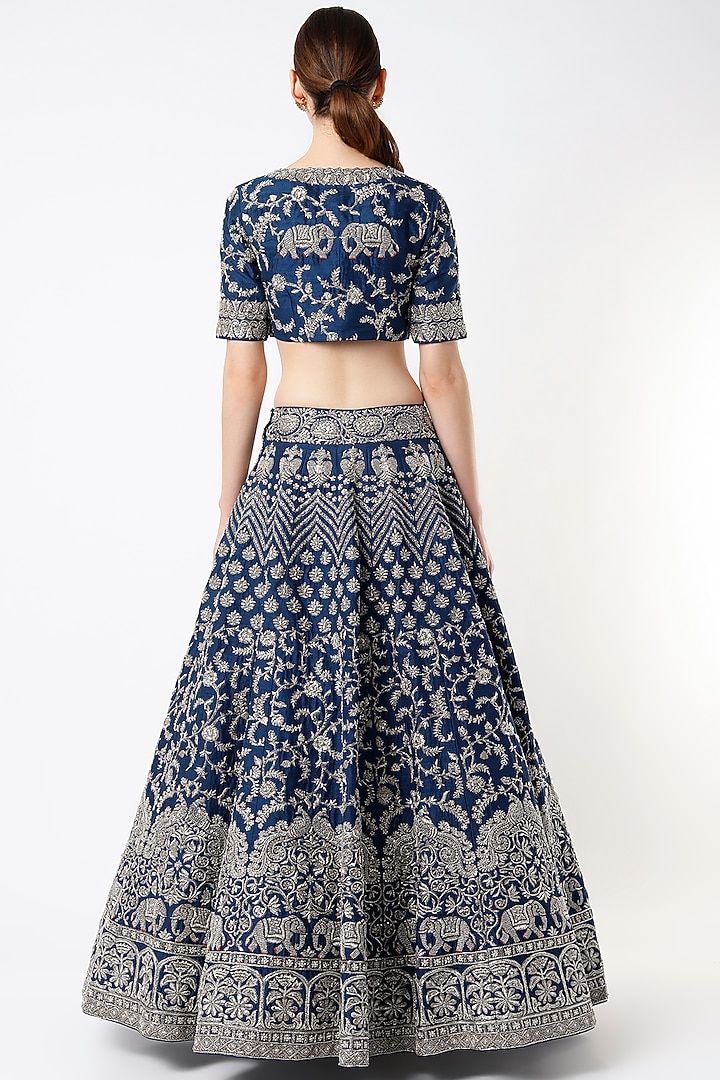 Dark Navy Blue Zardosi Embroidered Bridal Lehenga Set by Mrunalini Rao at Pernia's Pop Up Shop
