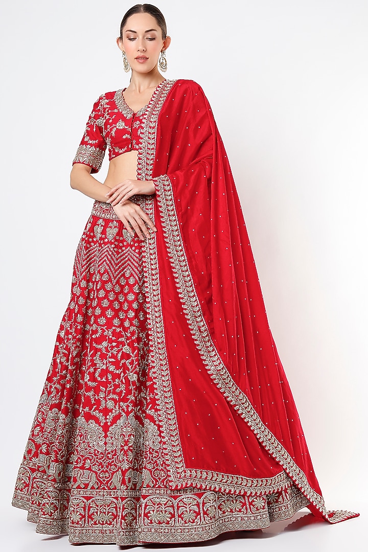 Cadmium Red Embroidered Bridal Lehenga Set by Mrunalini Rao at Pernia's Pop Up Shop