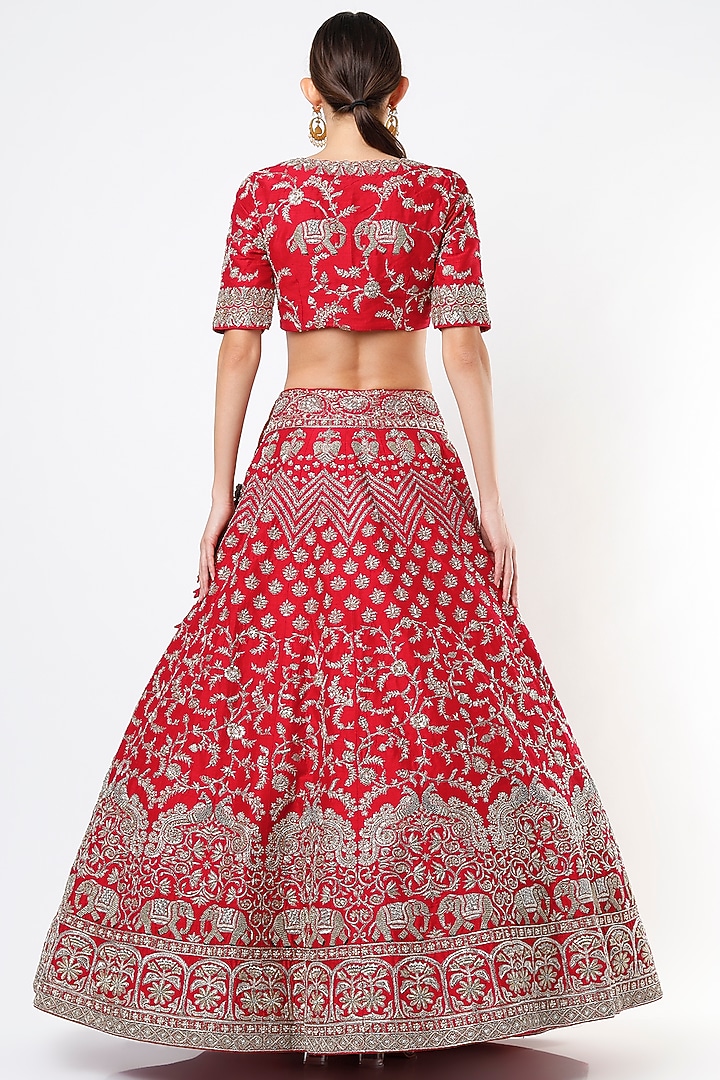 Cadmium Red Embroidered Bridal Lehenga Set by Mrunalini Rao at Pernia's Pop Up Shop