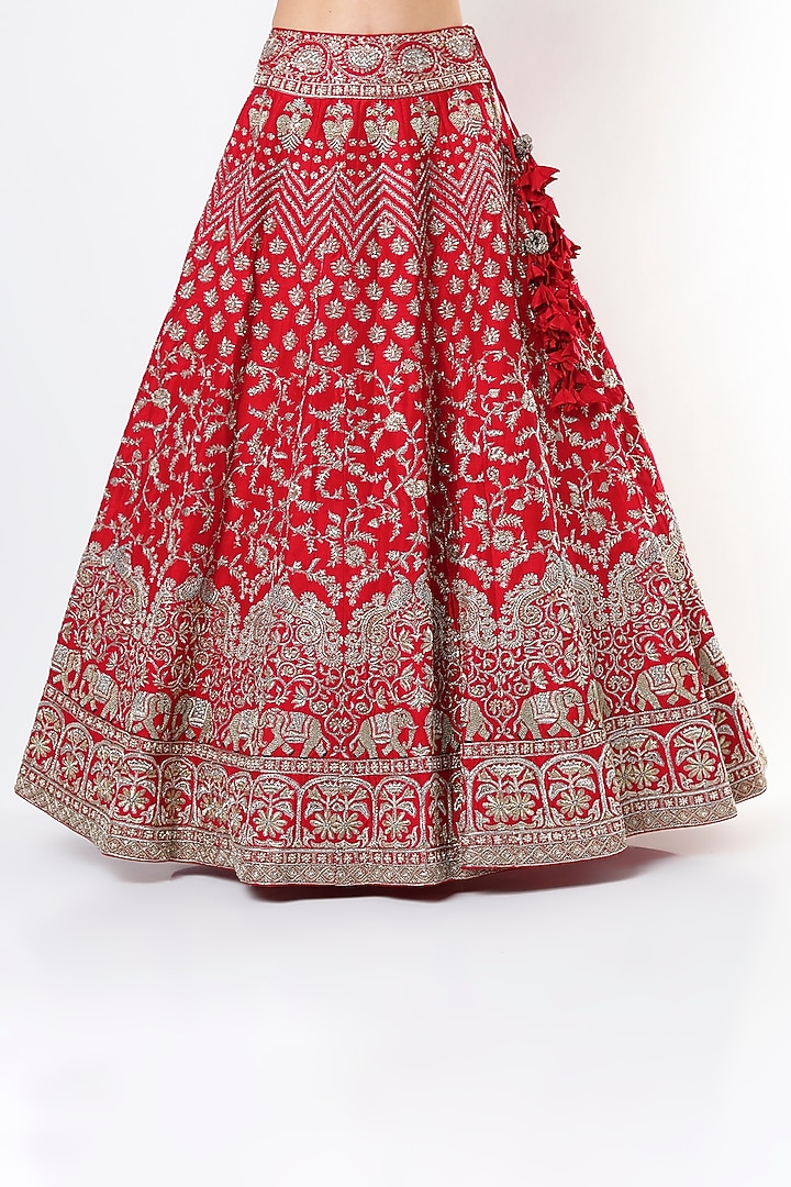 Cadmium Red Embroidered Bridal Lehenga Set by Mrunalini Rao at Pernia's Pop Up Shop