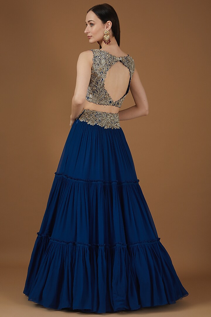 Blue Chiffon Tiered Wedding Lehenga Set by Mrunalini Rao at Pernia's Pop Up Shop