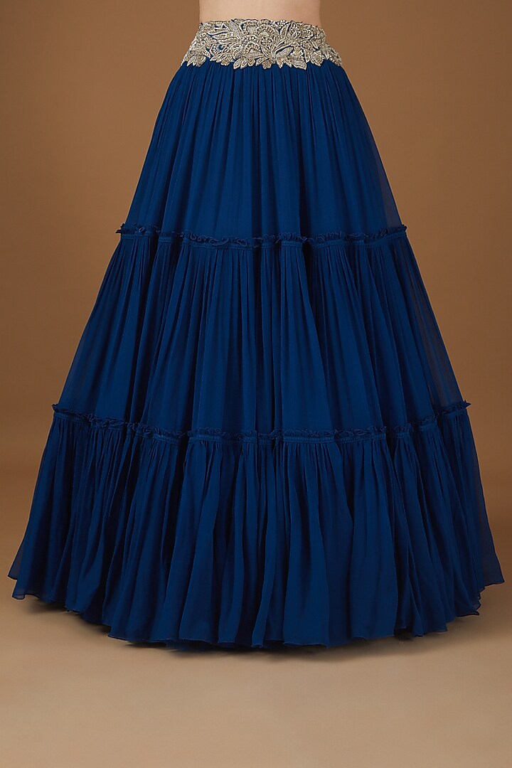 Blue Chiffon Tiered Wedding Lehenga Set by Mrunalini Rao at Pernia's Pop Up Shop