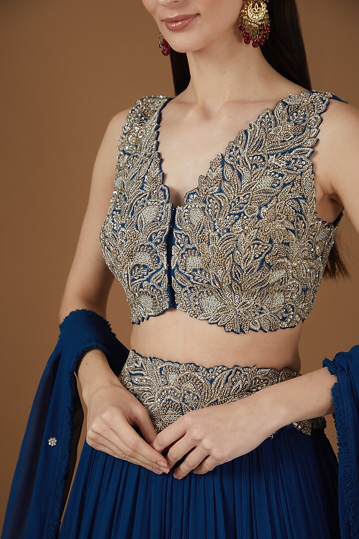 Blue Chiffon Tiered Wedding Lehenga Set by Mrunalini Rao at Pernia's Pop Up Shop