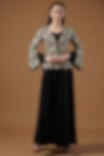 Black Raw Silk Hand Embroidered Jacket Set by Mrunalini Rao at Pernia's Pop Up Shop