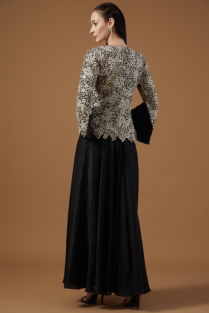 Black Raw Silk Hand Embroidered Jacket Set by Mrunalini Rao at Pernia's Pop Up Shop