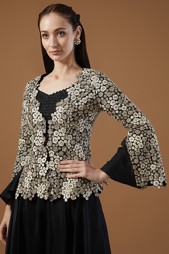 Black Raw Silk Hand Embroidered Jacket Set by Mrunalini Rao at Pernia's Pop Up Shop