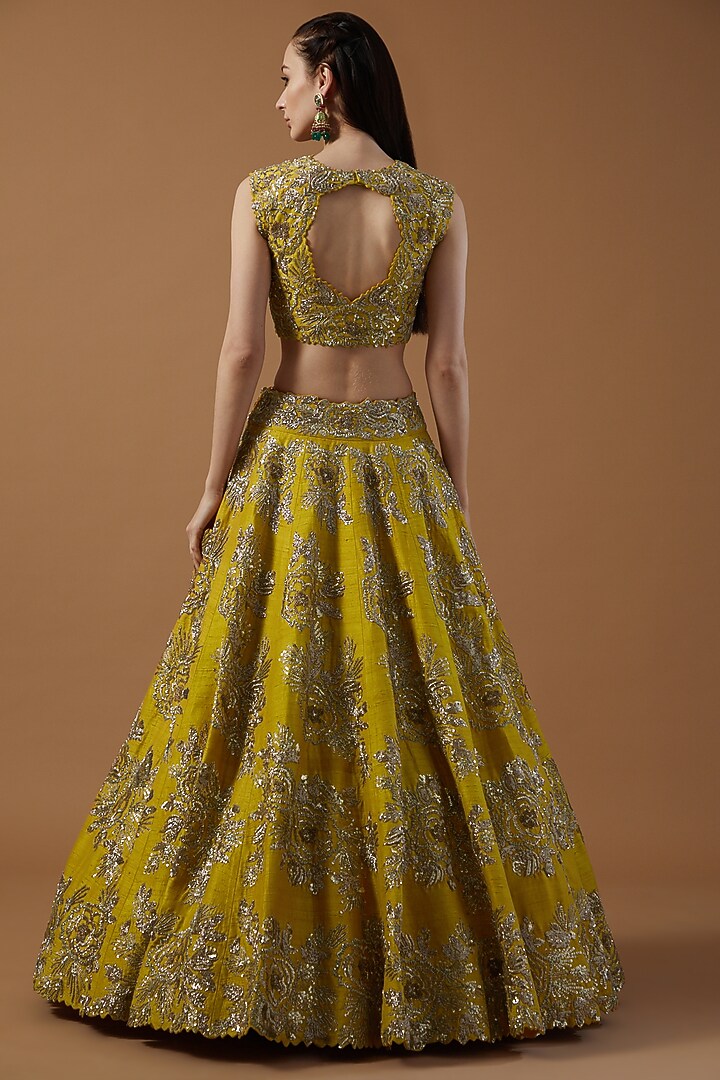 Yellow Raw Silk Embroidered Bridal Lehenga Set by Mrunalini Rao at Pernia's Pop Up Shop