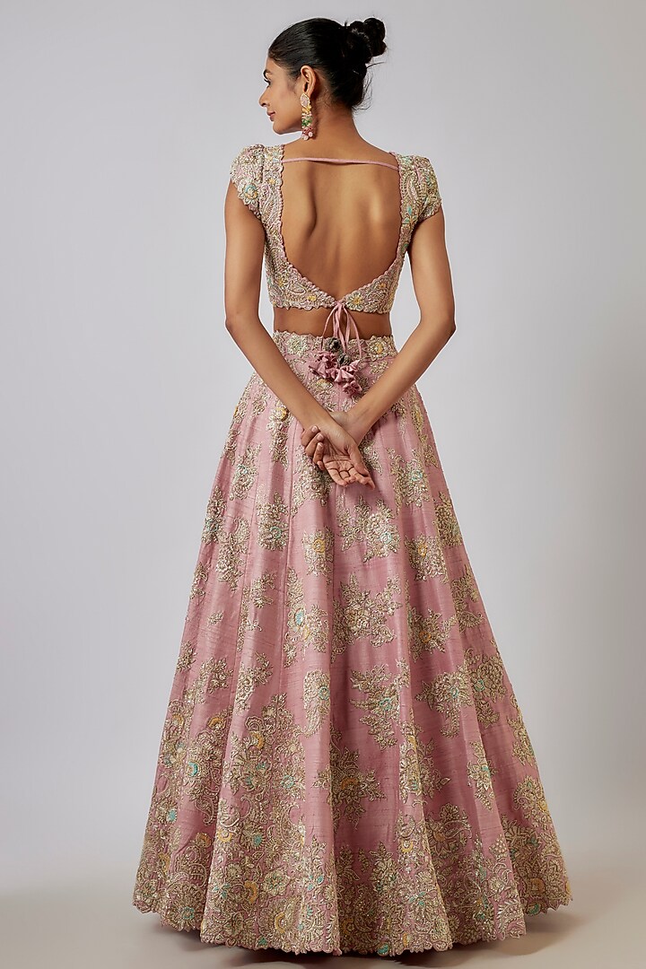 Pastel Pink Pure Silk Zardosi Embroidered Bridal Lehenga Set by Mrunalini Rao at Pernia's Pop Up Shop