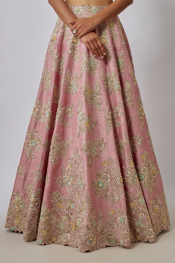 Pastel Pink Pure Silk Zardosi Embroidered Bridal Lehenga Set by Mrunalini Rao at Pernia's Pop Up Shop