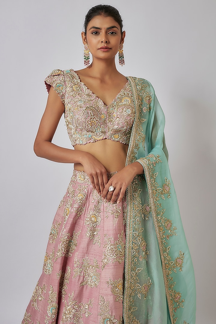 Pastel Pink Pure Silk Zardosi Embroidered Bridal Lehenga Set by Mrunalini Rao at Pernia's Pop Up Shop
