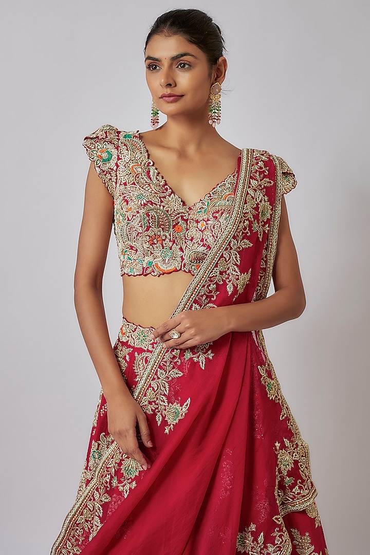 Red Pure Silk Zardosi Embroidered Bridal Lehenga Set by Mrunalini Rao at Pernia's Pop Up Shop