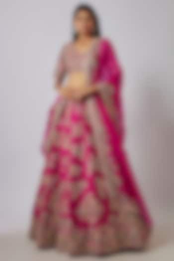 Hot Pink Raw Silk Zardosi Embroidered Bridal Lehenga Set by Mrunalini Rao at Pernia's Pop Up Shop