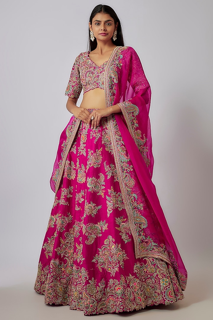 Hot Pink Raw Silk Zardosi Embroidered Bridal Lehenga Set by Mrunalini Rao at Pernia's Pop Up Shop