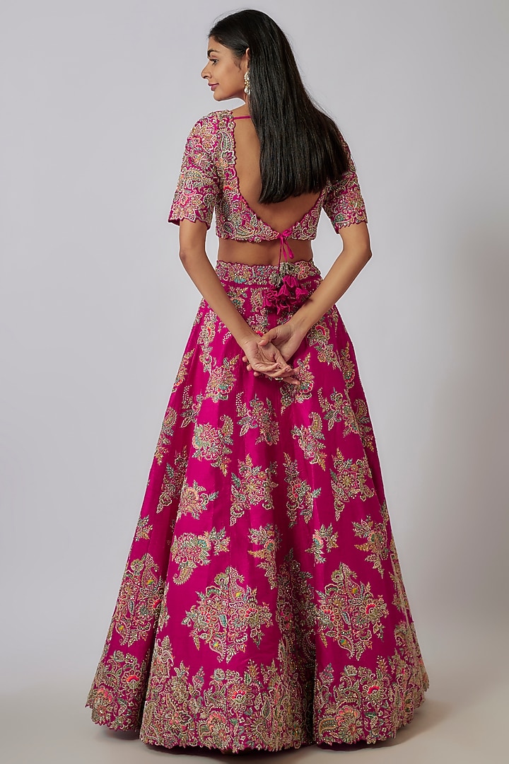 Hot Pink Raw Silk Zardosi Embroidered Bridal Lehenga Set by Mrunalini Rao at Pernia's Pop Up Shop