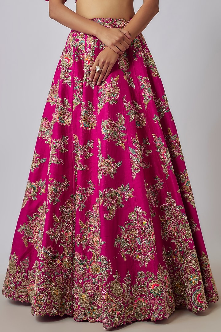 Hot Pink Raw Silk Zardosi Embroidered Bridal Lehenga Set by Mrunalini Rao at Pernia's Pop Up Shop