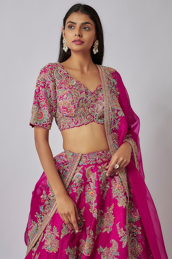 Hot Pink Raw Silk Zardosi Embroidered Bridal Lehenga Set by Mrunalini Rao at Pernia's Pop Up Shop