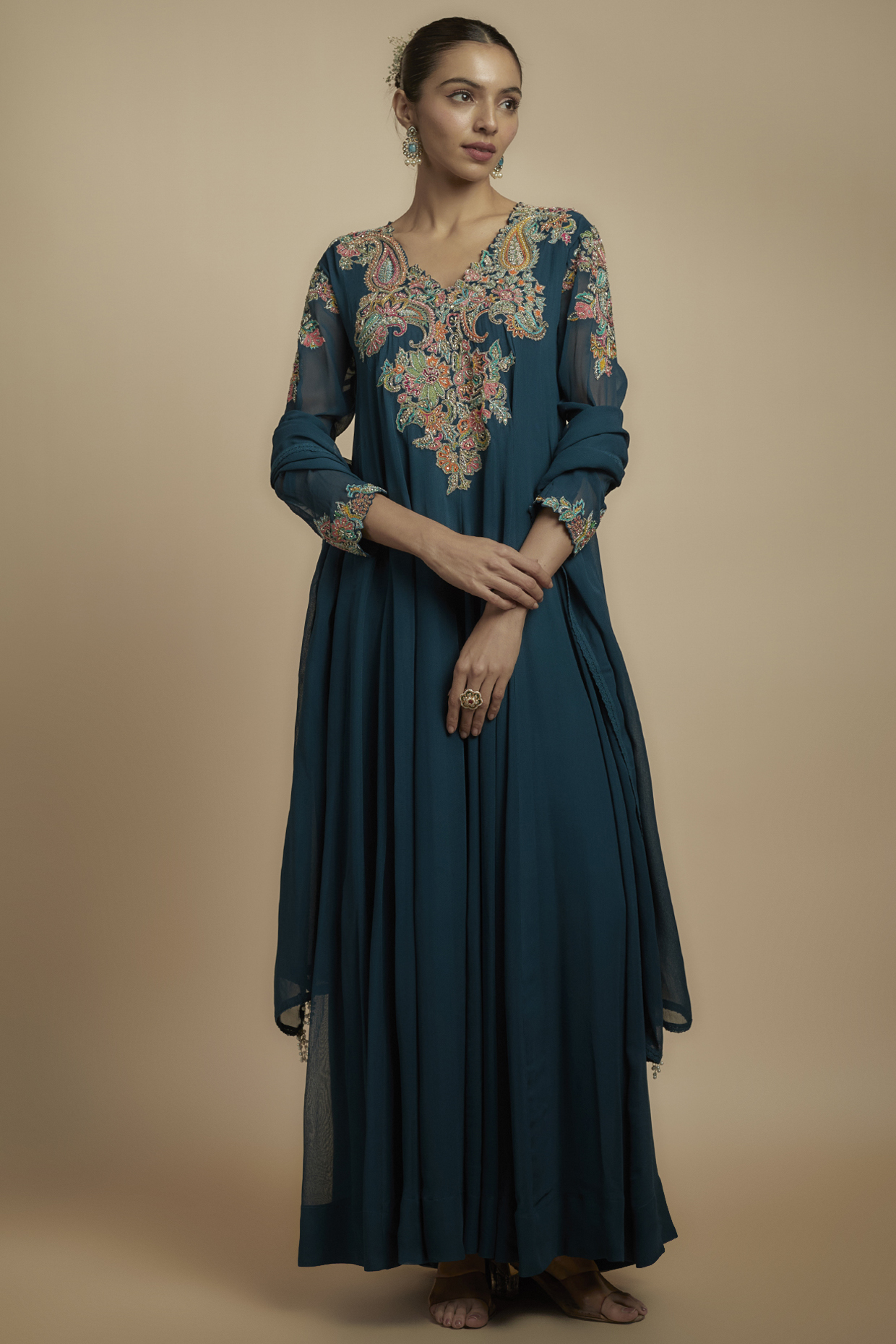 Dark Teal Georgette Resham Embroidered Wedding Anarkali Set by Mrunalini Rao at Pernia's Pop Up Shop
