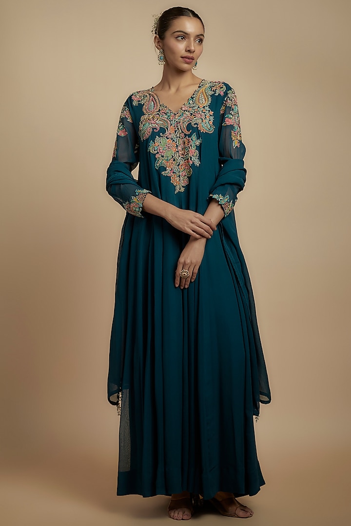 Dark Teal Georgette Resham Embroidered Wedding Anarkali Set by Mrunalini Rao at Pernia's Pop Up Shop