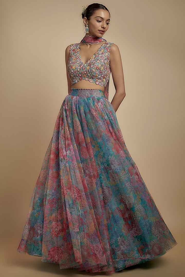 Blue Net Printed Lehenga Set by Mrunalini Rao