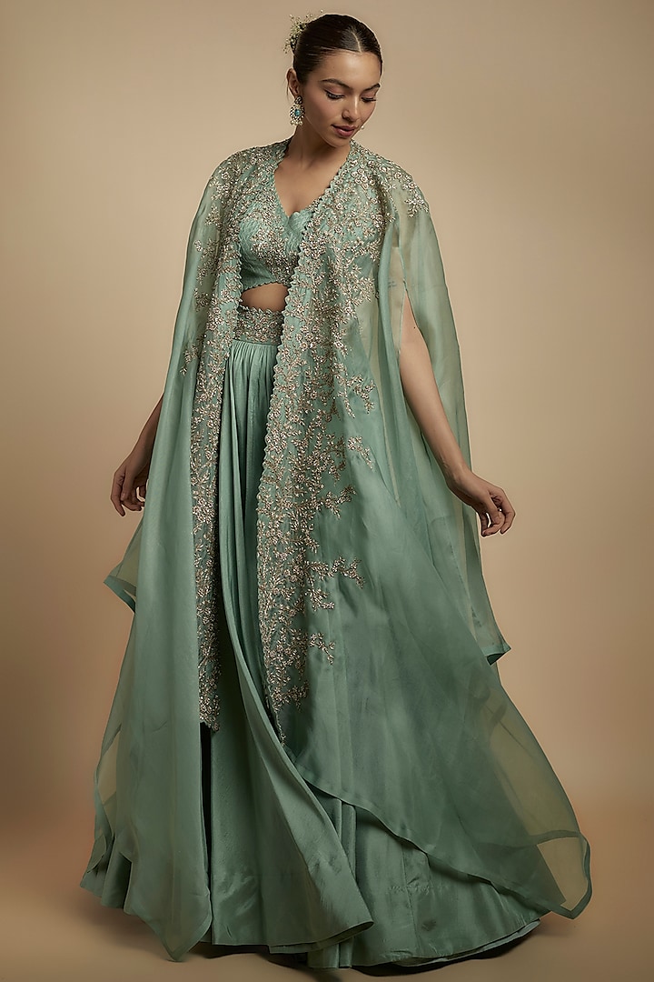 Mint Organza Zardosi Embroidered Sheer Cape Set by Mrunalini Rao at Pernia's Pop Up Shop