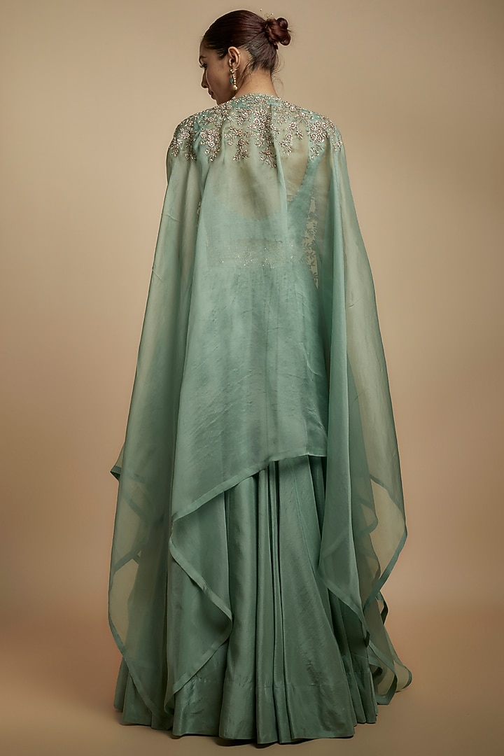 Mint Organza Zardosi Embroidered Sheer Cape Set by Mrunalini Rao at Pernia's Pop Up Shop