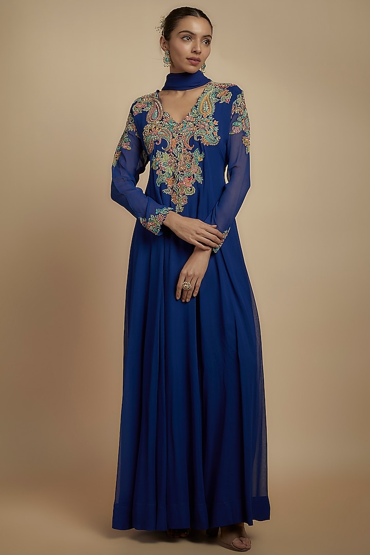 Royal Blue Georgette Resham Embroidered Anarkali Set by Mrunalini Rao