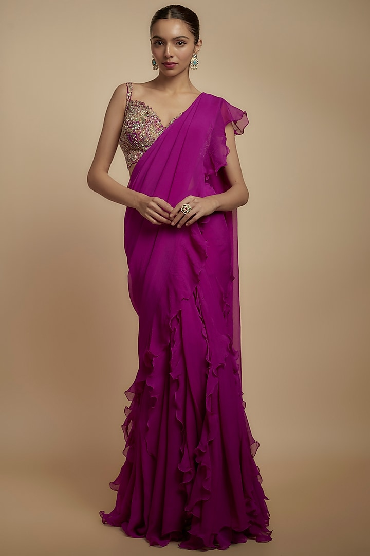 Magenta Pink Chiffon Ruffled Saree Set by Mrunalini Rao at Pernia's Pop Up Shop