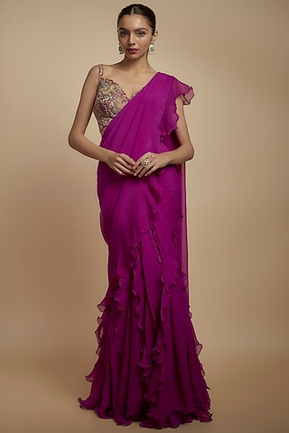 Magenta Pink Chiffon Ruffled Saree Set by Mrunalini Rao