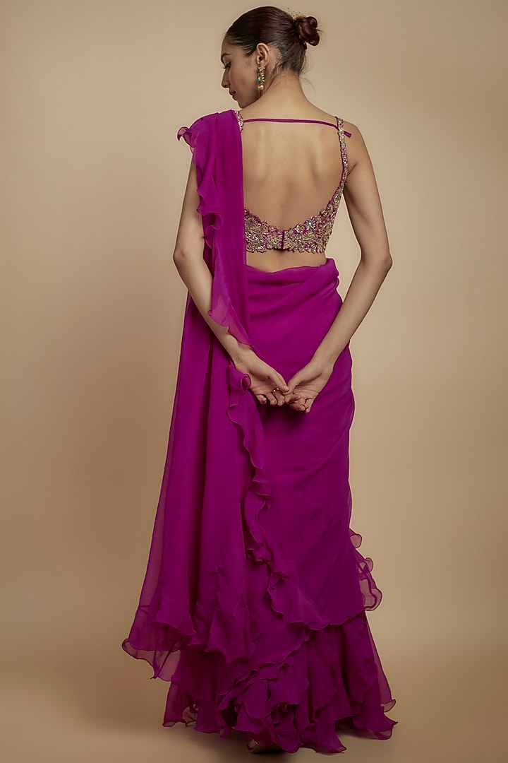 Magenta Pink Chiffon Ruffled Reception Saree Set by Mrunalini Rao at Pernia's Pop Up Shop