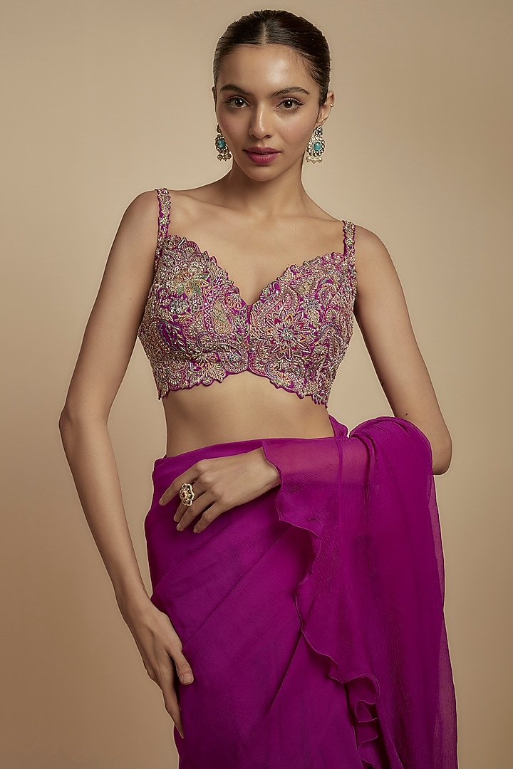 Magenta Pink Chiffon Ruffled Reception Saree Set by Mrunalini Rao at Pernia's Pop Up Shop