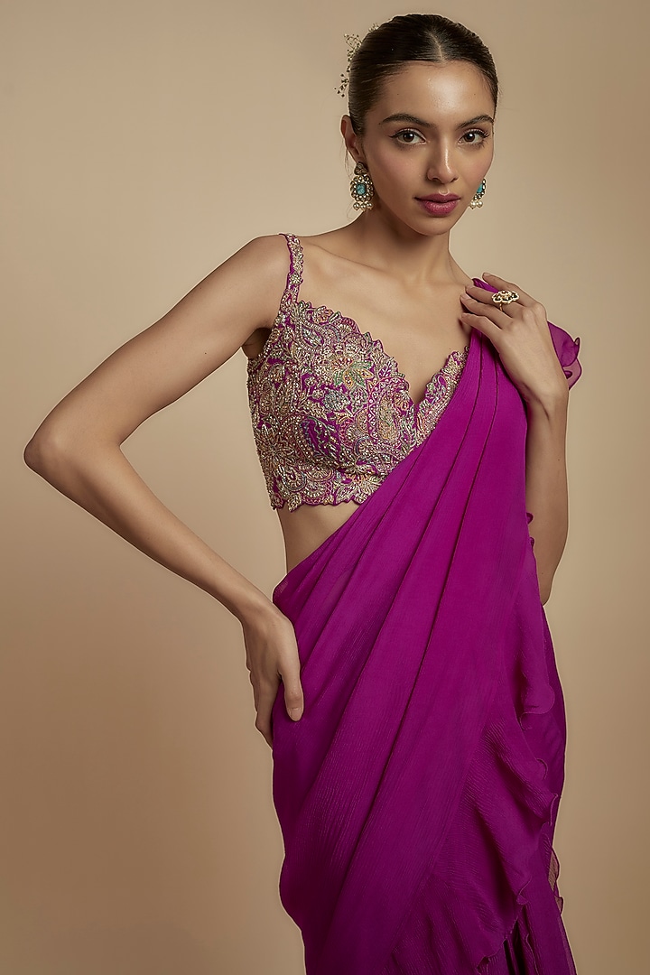Magenta Pink Chiffon Ruffled Reception Saree Set by Mrunalini Rao at Pernia's Pop Up Shop
