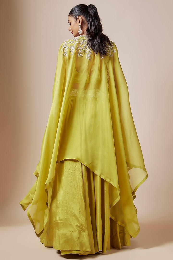 Sheer Lime Pure Silk & Raw Silk Embroidered Jacket Wedding Lehenga Set by Mrunalini Rao at Pernia's Pop Up Shop