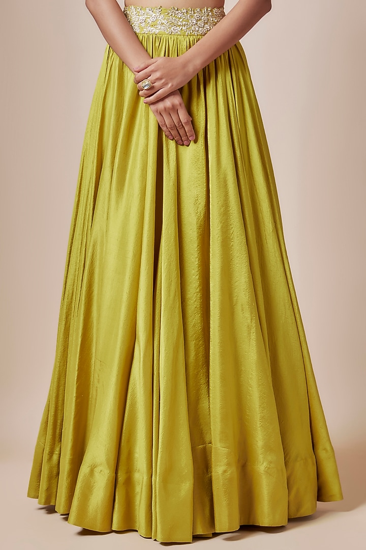 Sheer Lime Pure Silk & Raw Silk Embroidered Jacket Wedding Lehenga Set by Mrunalini Rao at Pernia's Pop Up Shop