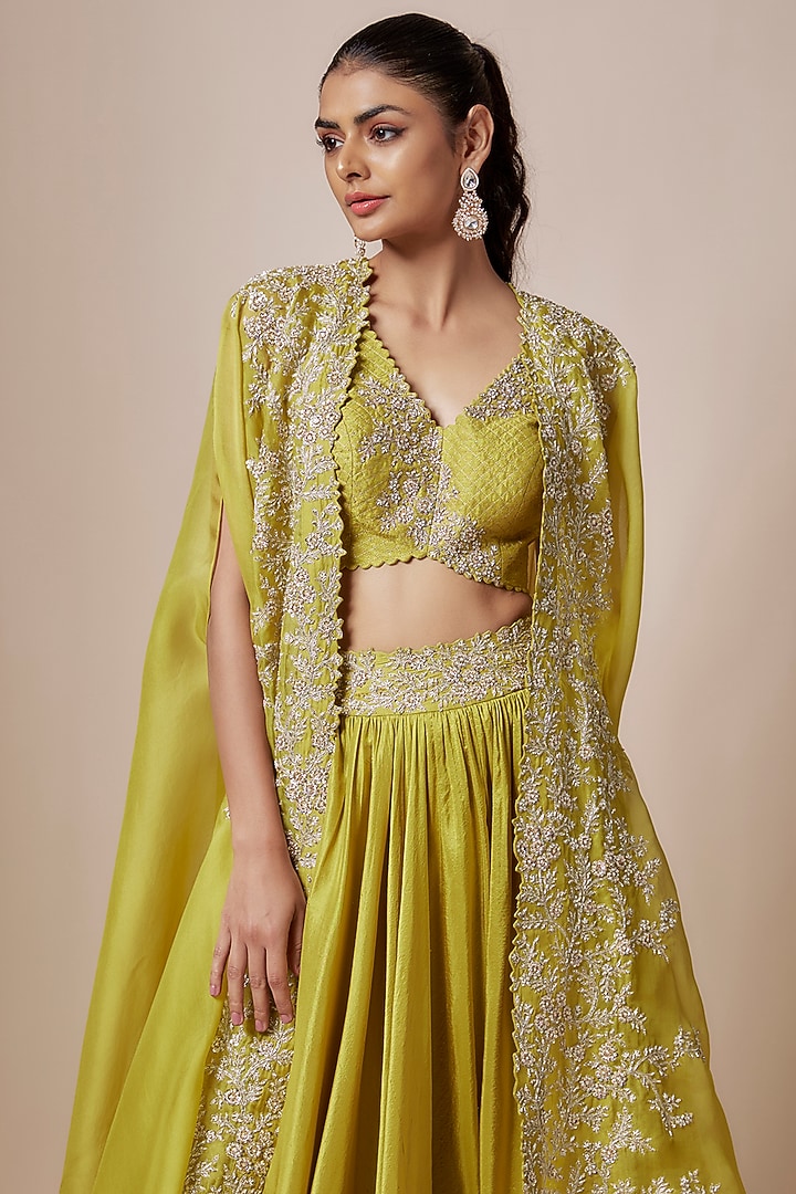 Sheer Lime Pure Silk & Raw Silk Embroidered Jacket Wedding Lehenga Set by Mrunalini Rao at Pernia's Pop Up Shop