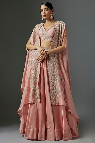 Peach Pure Silk Embroidered Jacket Lehenga Set by Mrunalini Rao