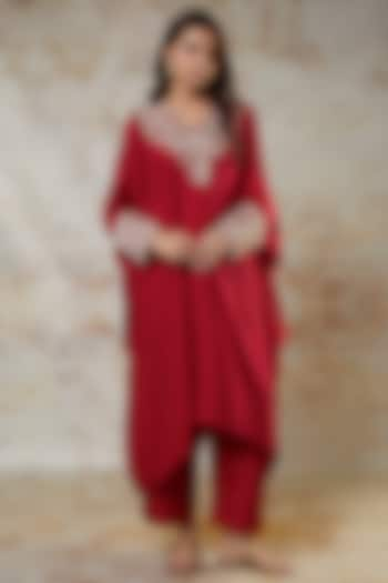 Red Silk Zardosi Embroidered Kurta Set by Mrunalini Rao at Pernia's Pop Up Shop