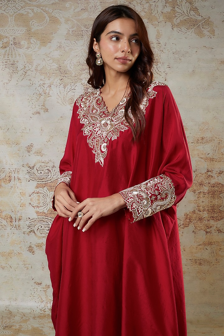 Red Silk Zardosi Embroidered Kurta Set by Mrunalini Rao at Pernia's Pop Up Shop