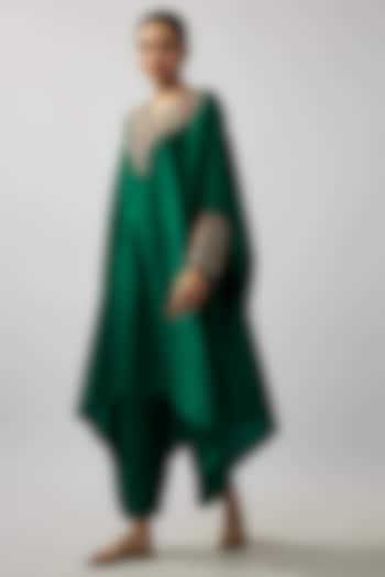 Bottle Green Pure Silk Zardosi Embroidered Kaftan Set by Mrunalini Rao at Pernia's Pop Up Shop