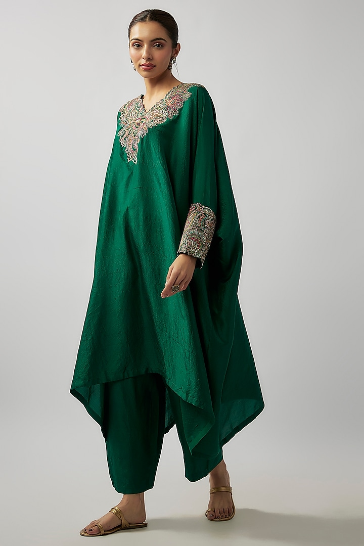 Bottle Green Pure Silk Zardosi Embroidered Kaftan Set by Mrunalini Rao at Pernia's Pop Up Shop