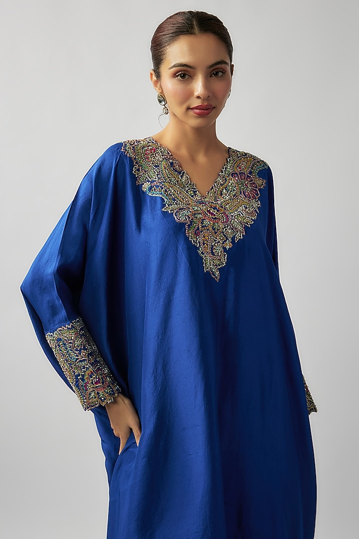 Royal Blue Pure Silk Zardosi Embroidered Kaftan Set by Mrunalini Rao at Pernia's Pop Up Shop