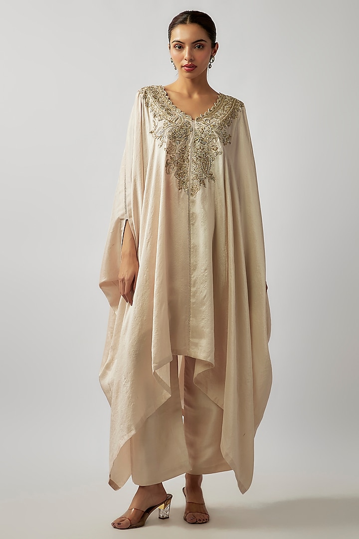 Ivory Pure Silk Zardosi Embroidered Kaftan Set by Mrunalini Rao at Pernia's Pop Up Shop