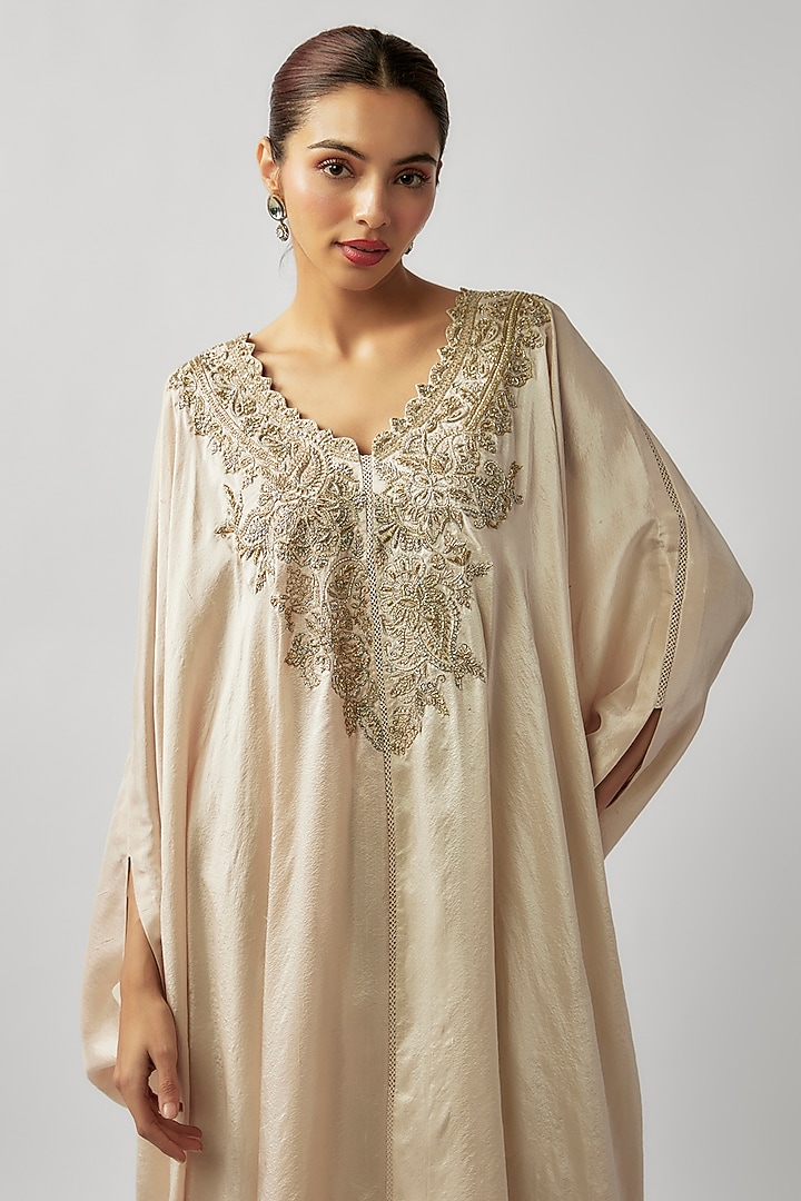 Ivory Pure Silk Zardosi Embroidered Kaftan Set by Mrunalini Rao at Pernia's Pop Up Shop