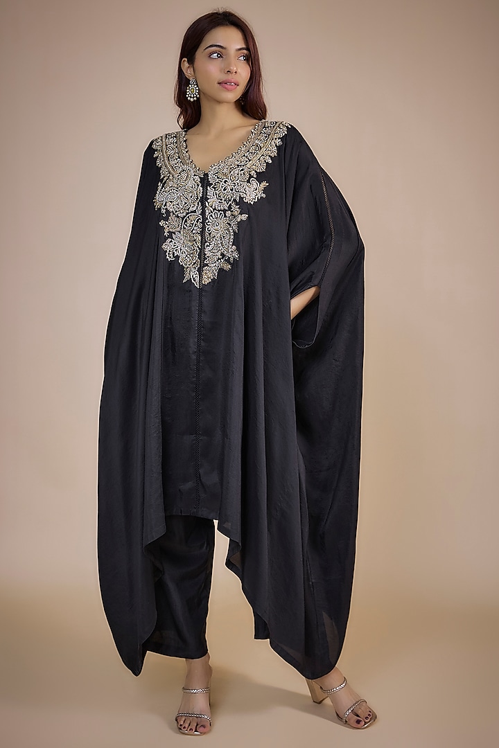 Black Silk Zardosi Embroidered Cowl Kurta Set by Mrunalini Rao at Pernia's Pop Up Shop