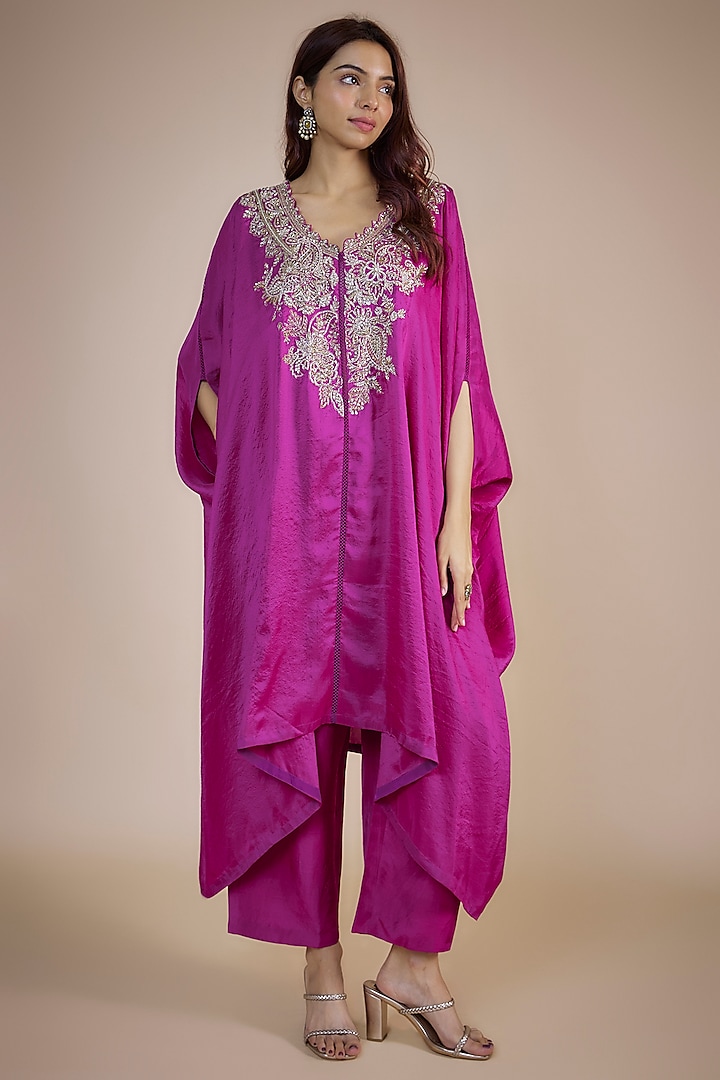 Magenta Silk Zardosi Embroidered Cowl Kurta Set by Mrunalini Rao at Pernia's Pop Up Shop