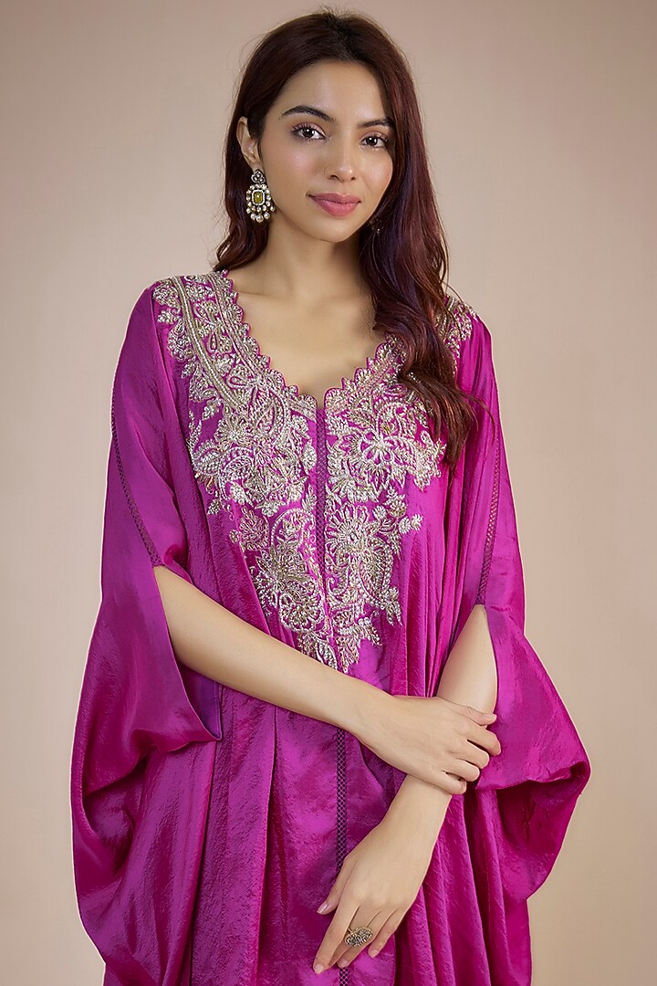 Magenta Silk Zardosi Embroidered Cowl Kurta Set by Mrunalini Rao at Pernia's Pop Up Shop