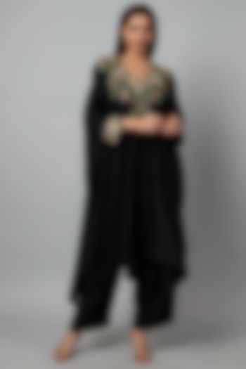 Black Pure Silk Zardosi Embroidered Cowl Kurta Set by Mrunalini Rao at Pernia's Pop Up Shop