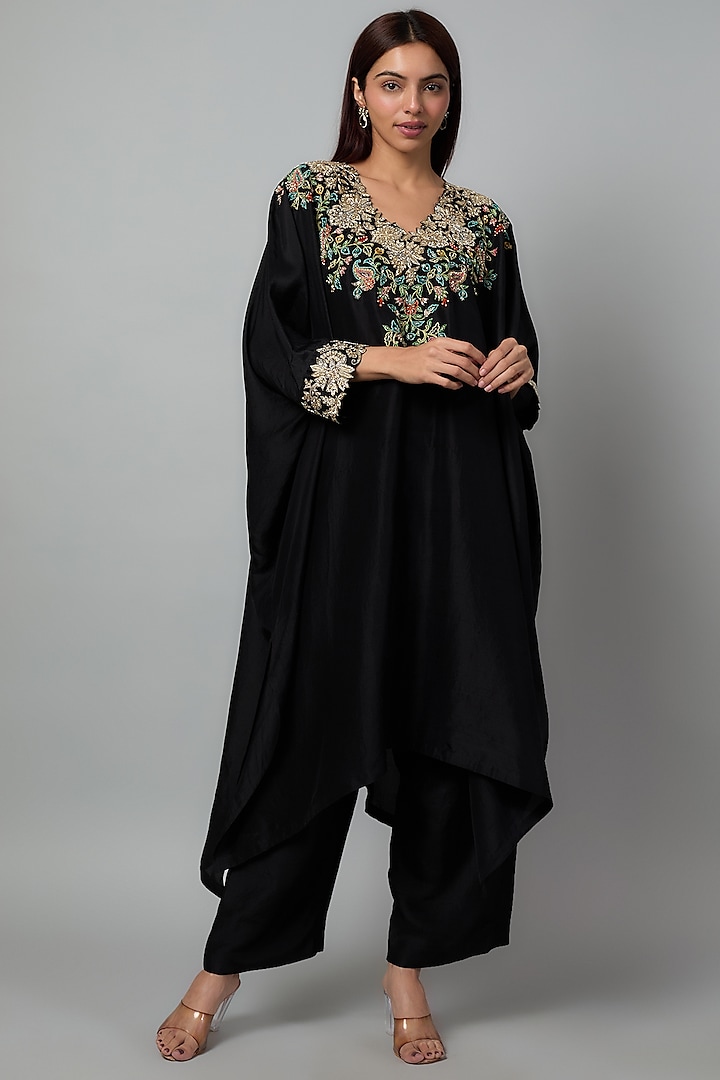 Black Pure Silk Zardosi Embroidered Cowl Kurta Set by Mrunalini Rao at Pernia's Pop Up Shop