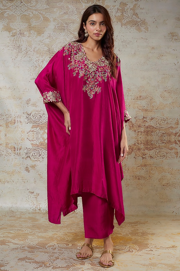 Hot Pink Silk Zardosi Embroidered Cowl Kurta Set by Mrunalini Rao at Pernia's Pop Up Shop