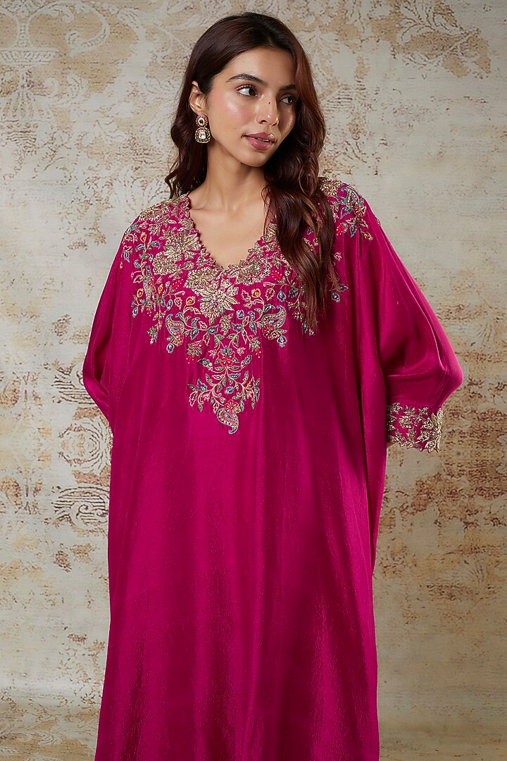 Hot Pink Silk Zardosi Embroidered Cowl Kurta Set by Mrunalini Rao at Pernia's Pop Up Shop